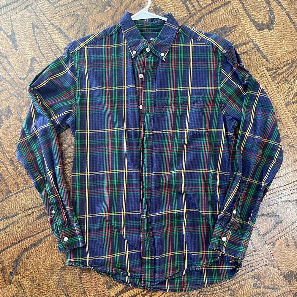 Gap Men’s Button Down Shirt Navy Blue/Red/Green/Yellow, Medium Tartan Plaid